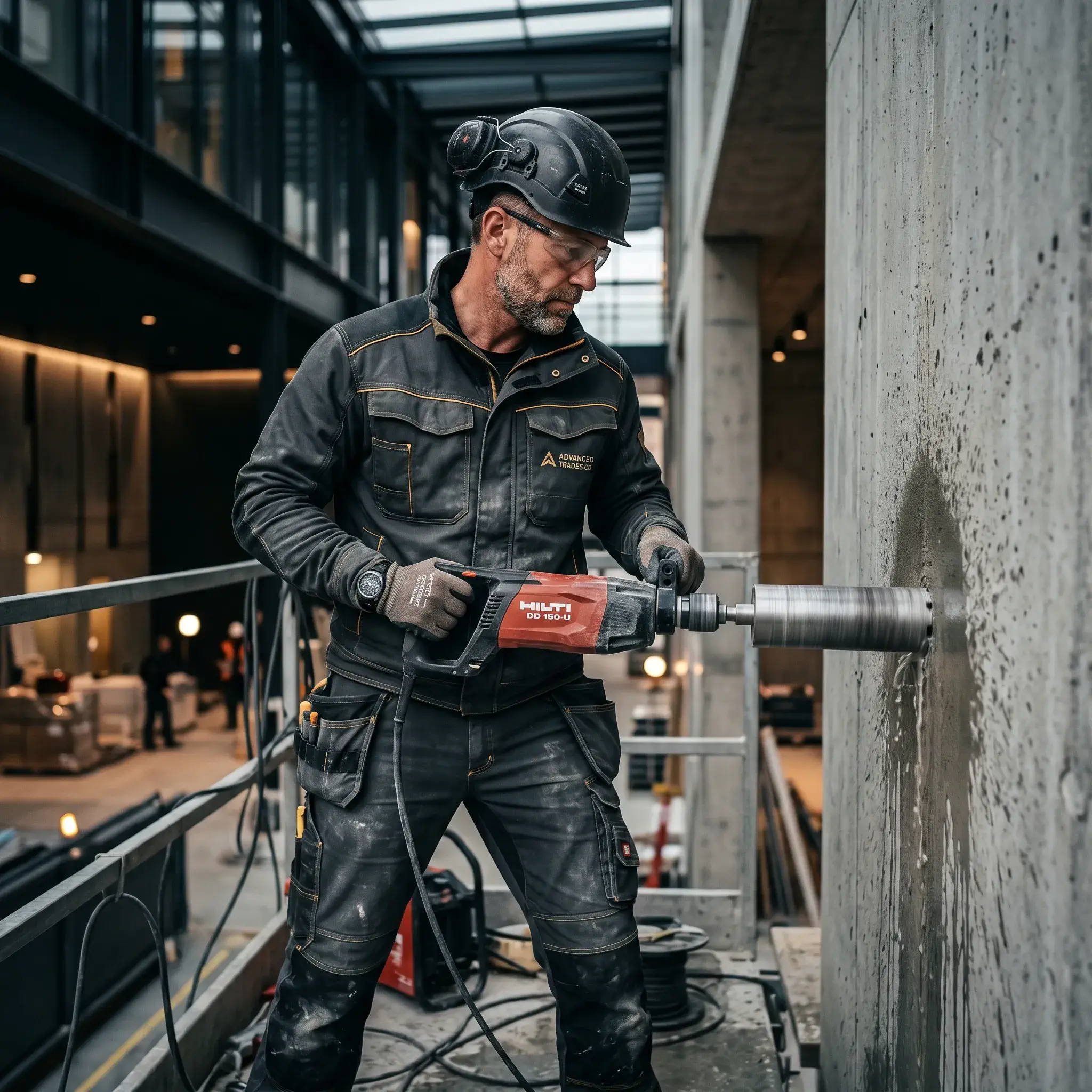 Professioneller Handwerker in dunkelgrauer Arbeitskleidung mit gelben Akzenten führt eine präzise Kernbohrung an einer Betonwand durch.
