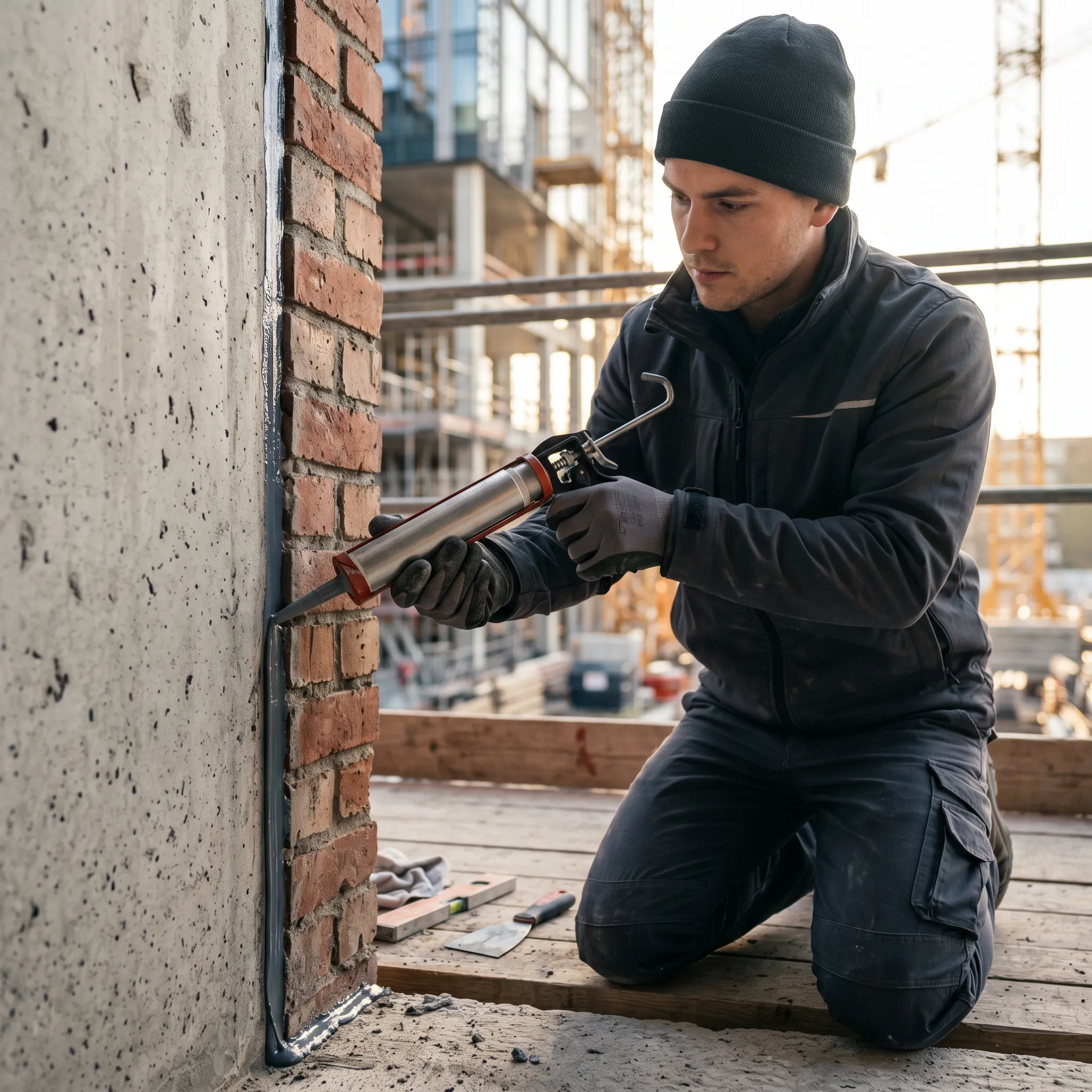 Ein Handwerker in dunkelgrauer Arbeitskleidung zieht mit einer Kartuschenpistole eine präzise, dauerelastische Fuge an einer Mauerwand.