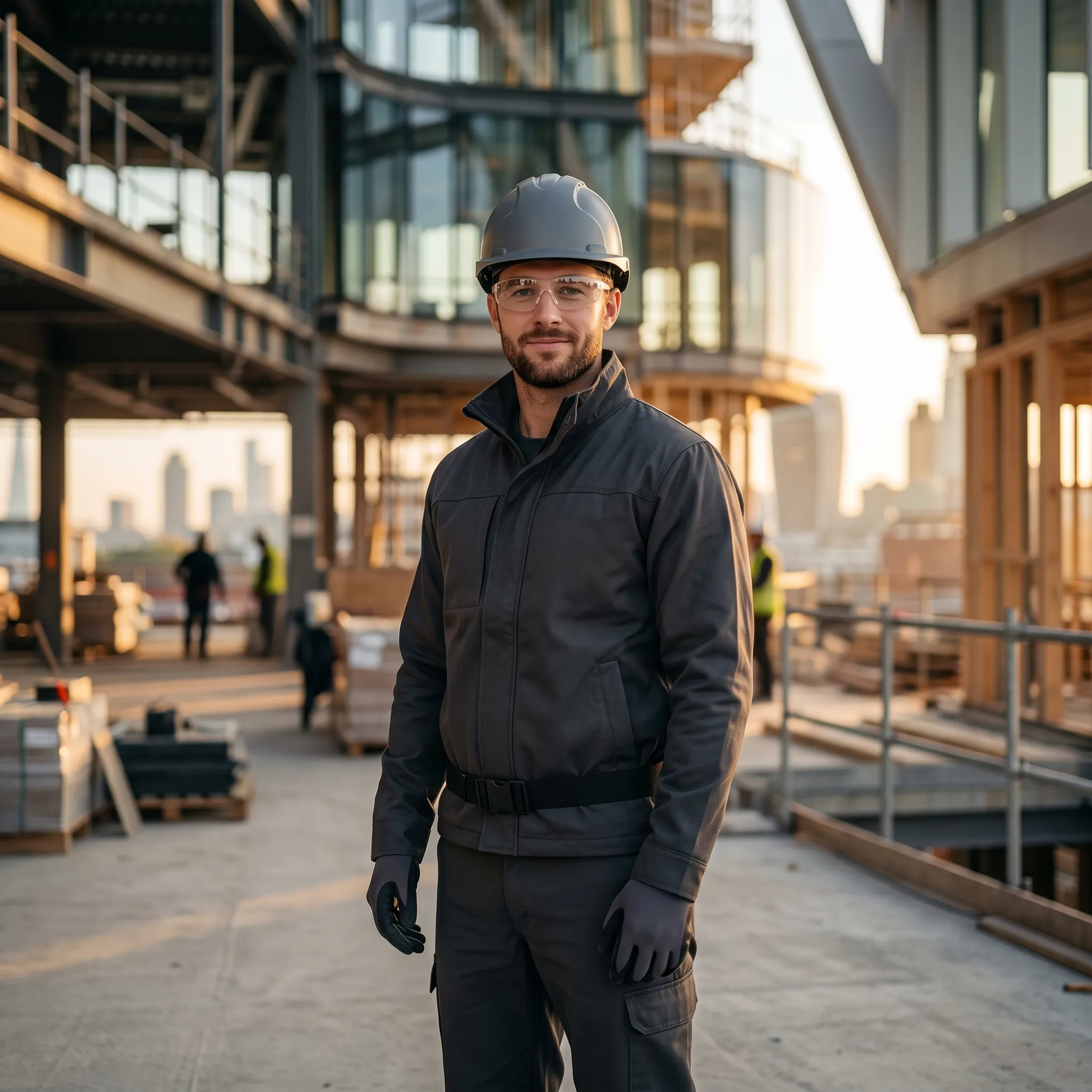 Ein sympathischer Handwerker in dunkelgrauer Arbeitskleidung steht motiviert auf einer Baustelle.