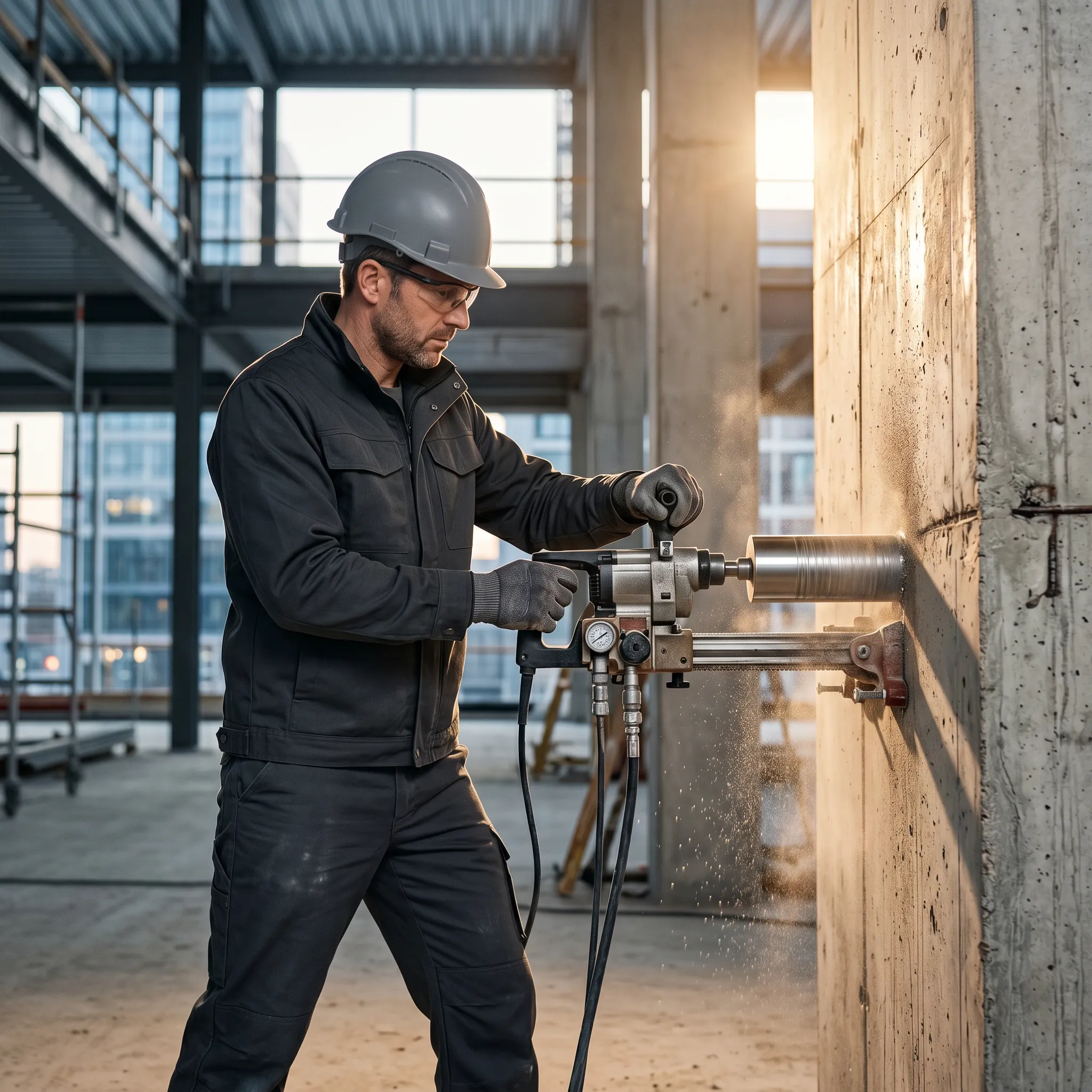 Ein Facharbeiter bedient ein professionelles, wandmontiertes Kernbohrgerät an einer Betonwand für eine präzise Öffnung.
