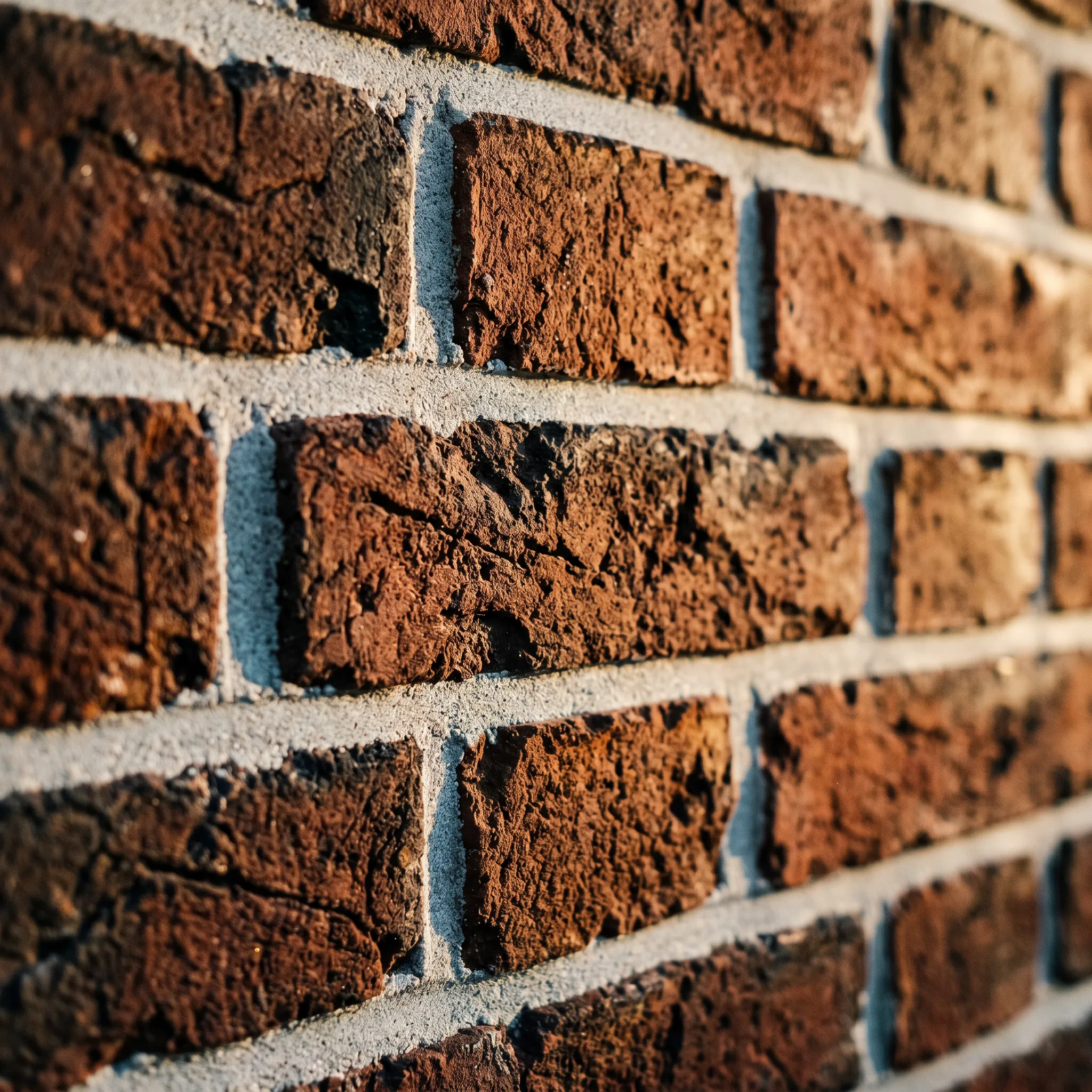 Nahaufnahme einer perfekt sanierten historischen Klinkerfassade mit sauberen, hellgrauen Mörtelfugen im warmen Sonnenlicht.