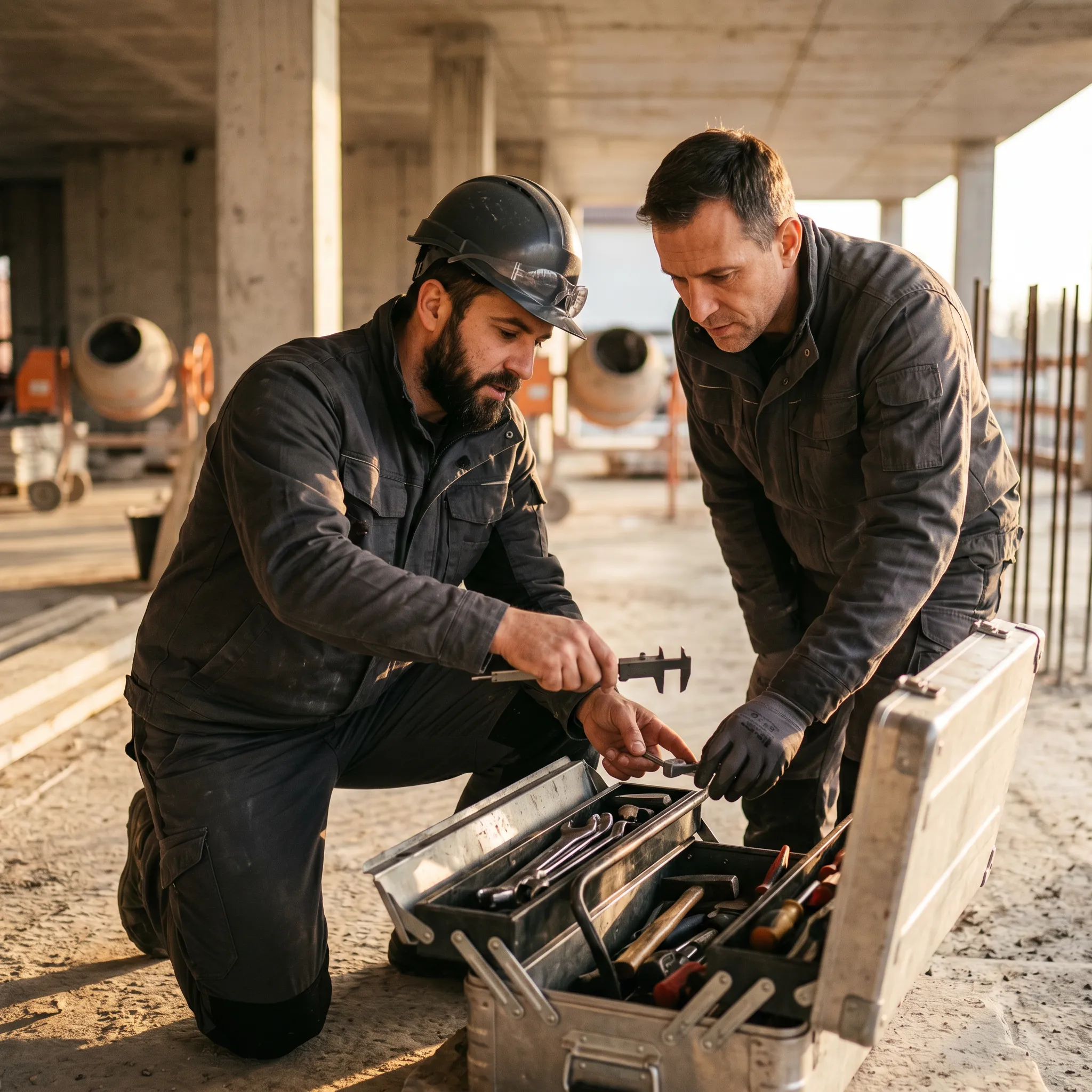 Zwei Handwerker besprechen gemeinsam eine handwerkliche Aufgabe auf einer Baustelle.